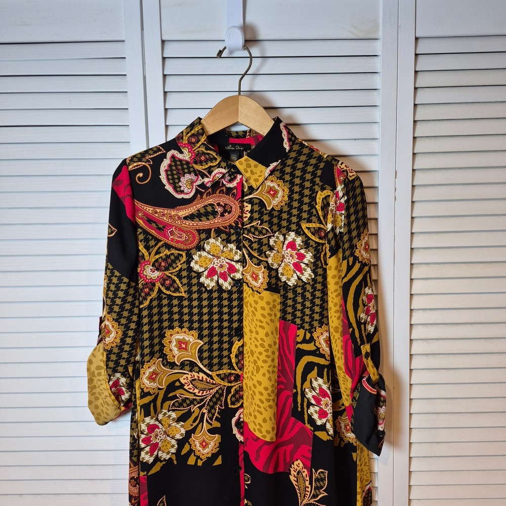 Melissa Paige Patchwork Print Tunic Top Black Red‎ Yellow Roll Tab Sleeve M/L - Picture 4 of 12